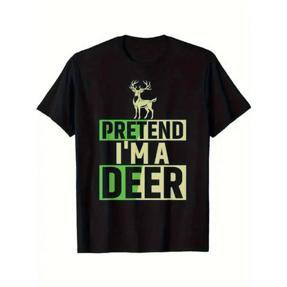 180g[100%25cotton]A Comfortable And Fitting Men'S T-Shirt Featuring a Deer Design - a Casual Black Short-Sleeve Round Neck with Green And Yellow Letters, Perfect for Halloween Or Casual Wear