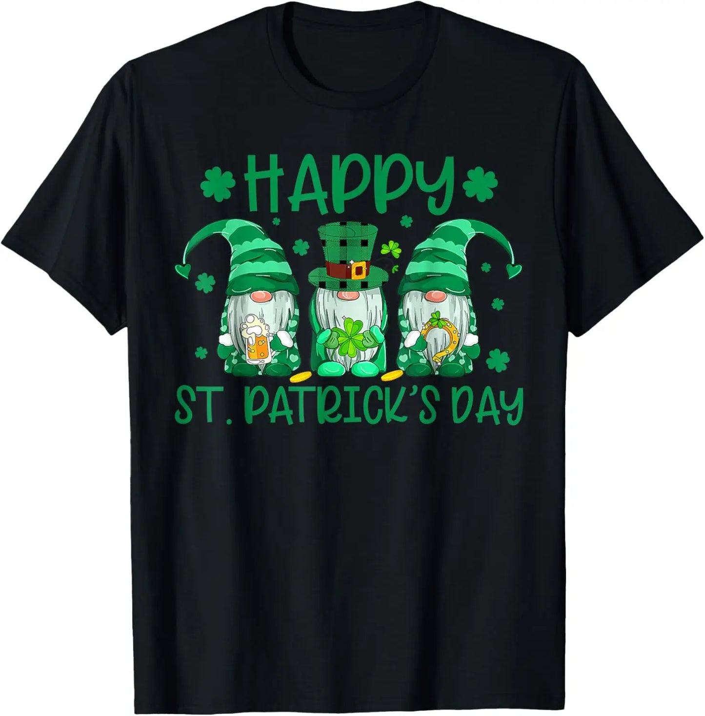 Three Gnomes Holding Shamrock Leopard Plaid St Patrick's Day T-Shirt