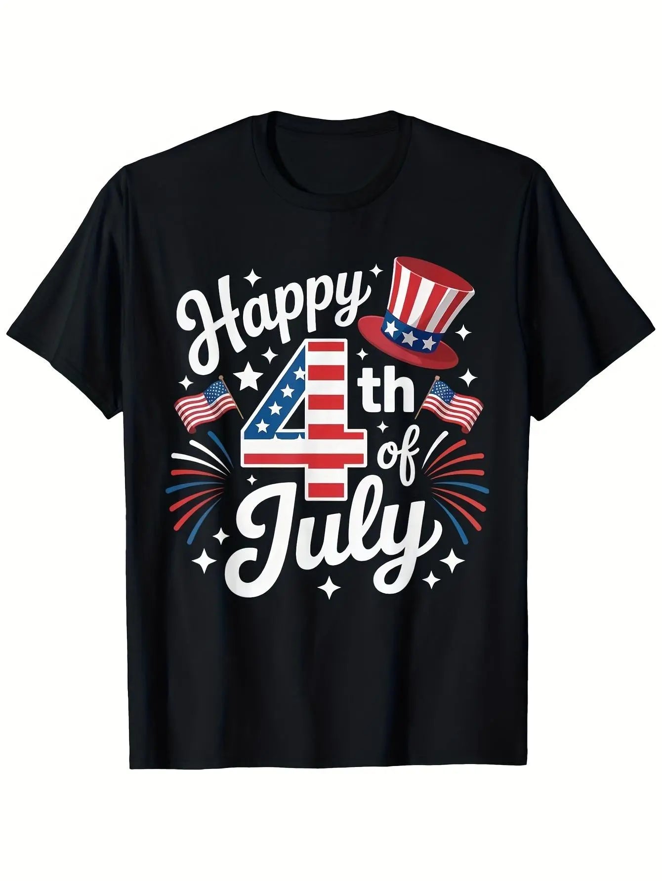 Happy 4Th of July Patriotic American Flag T Shirt for Men & Women 180Gsm Black Round Neck S Xxxl Sizes Vibrant Fireworks & Stars Print Breathable Comfort for Independence Day Cesame Style for Men And Women 2025 Summer Short-Sleeved Printed T-Shirt P