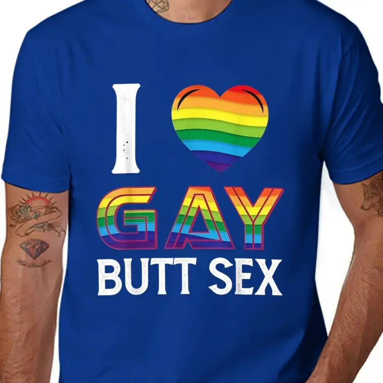 Men's "I Love Gay Butt Sex" Graphic T-Shirt, Casual 100%25 Cotton Short Sleeve Streetwear Top with Rainbow Heart, Made in USA