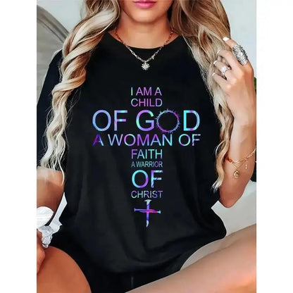 Women's Christian Faith T-Shirt - "I Am a of God, A Woman of Faith, A Warrior of Christ" Inspirational Short Sleeve Round Neck Casual Tee with Geometric Print, Machine Washable
