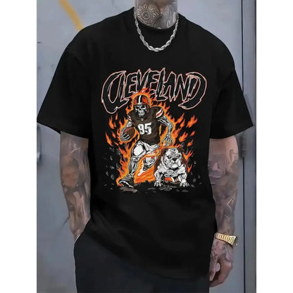 Men's Cleveland Football Graphic T-Shirt - 100%25 Cotton Regular Fit Short Sleeve Tee with Bold Flame Print, All-Season Casual Wear & Classic Holiday Gift for Sports Fans