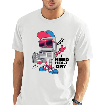 Retro PC Robot Cool Sunglasses Men's Short-Sleeve Round Neck Sporty Sports Top, Streetwear for IT Developers - Funny "I Need Holiday" Casual Outdoor T-Shirt, Sporty Sports Tops