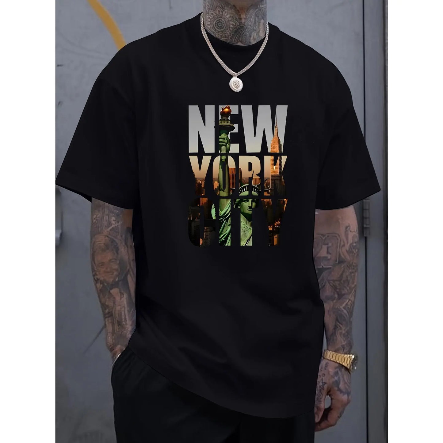[Cotton T-Shirt] 100%25 Cotton Men'S New York City Graphic T-Shirt| Casual Summer Tee With NYC Print, Short Sleeve, Round Neck, Machine Washable, Summer Casual Wear| Urban Style Tee, Knitted Fabric