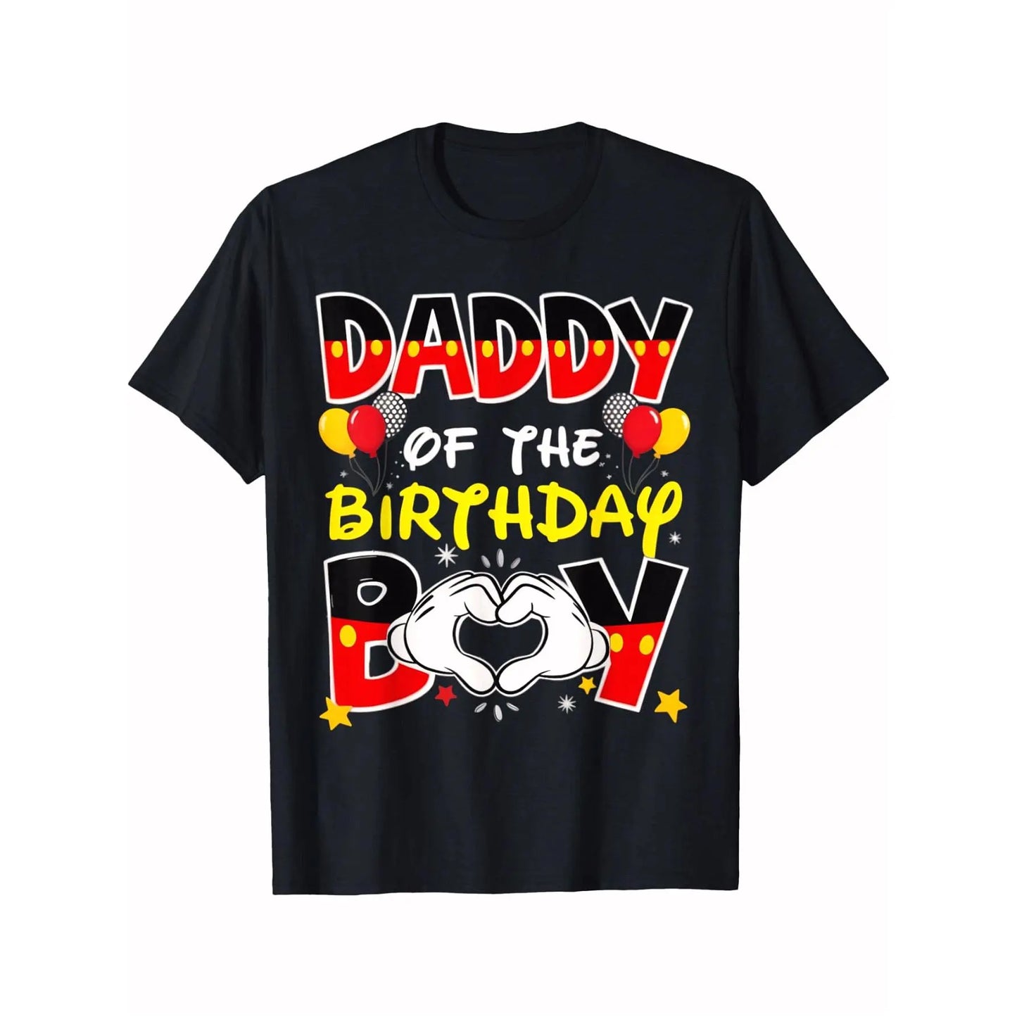 Men's "Daddy of the Birthday Boy" Graphic T-Shirt - Black, Casual, Shortleeve Crewneck Top, Menswear Streetwear Trendy Tshirts with Colorful Heart & Confetti Design, Ideal for Family Celebrations, Comfortable Fit