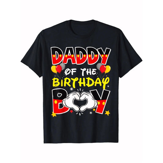 Men's "Daddy of the Birthday Boy" Graphic T-Shirt - Black, Casual, Shortleeve Crewneck Top, Menswear Streetwear Trendy Tshirts with Colorful Heart & Confetti Design, Ideal for Family Celebrations, Comfortable Fit
