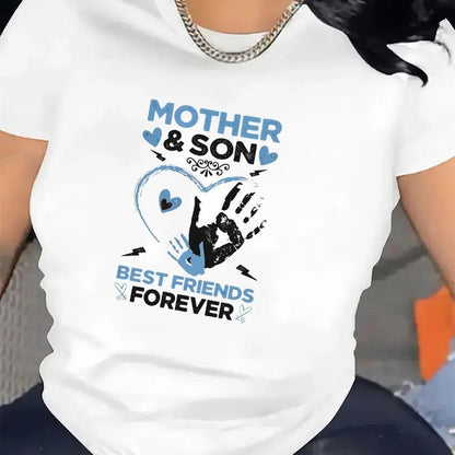 Mothers And Sons Best Friends Forever T-Shirt, Short Sleeve Crew Neck Graphic Tee, Comfy Durable Casual Top for Matching Family Look, Cute Mom Son Gift for Birthday Christmas, Daily Loungewear Shirt