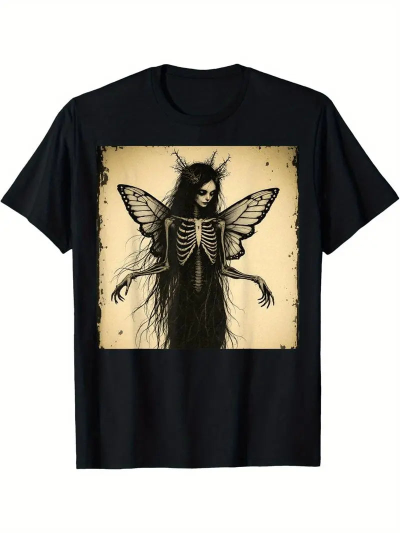Halloween Skull T-shirt Gothic Fairy Skeleton Butterfly Dark Art T-Shirt Black Grunge Horror Graphic Tee With Ethereal Print Short Sleeve Round Neck Casual Summer Top