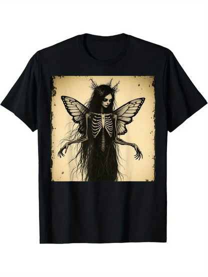 Halloween Skull T-shirt Gothic Fairy Skeleton Butterfly Dark Art T-Shirt Black Grunge Horror Graphic Tee With Ethereal Print Short Sleeve Round Neck Casual Summer Top