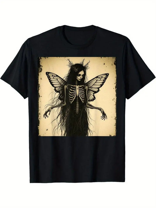 Halloween Skull T-shirt Gothic Fairy Skeleton Butterfly Dark Art T-Shirt Black Grunge Horror Graphic Tee With Ethereal Print Short Sleeve Round Neck Casual Summer Top