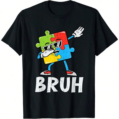 Women's Funny Dabbing Short-Sleeve T-Shirt, Autism Awareness Casual Graphic Design Streetwear, Round Neck Casual Top Gift For Him Black Menswear