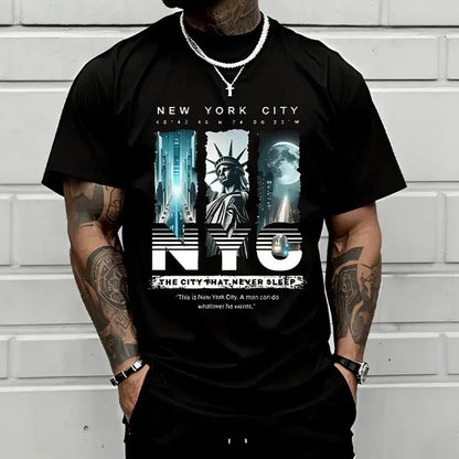 Men’s NYC "Eternal City" printed T-shirt, New York street-style short sleeve, Statue of Liberty themed casual top.