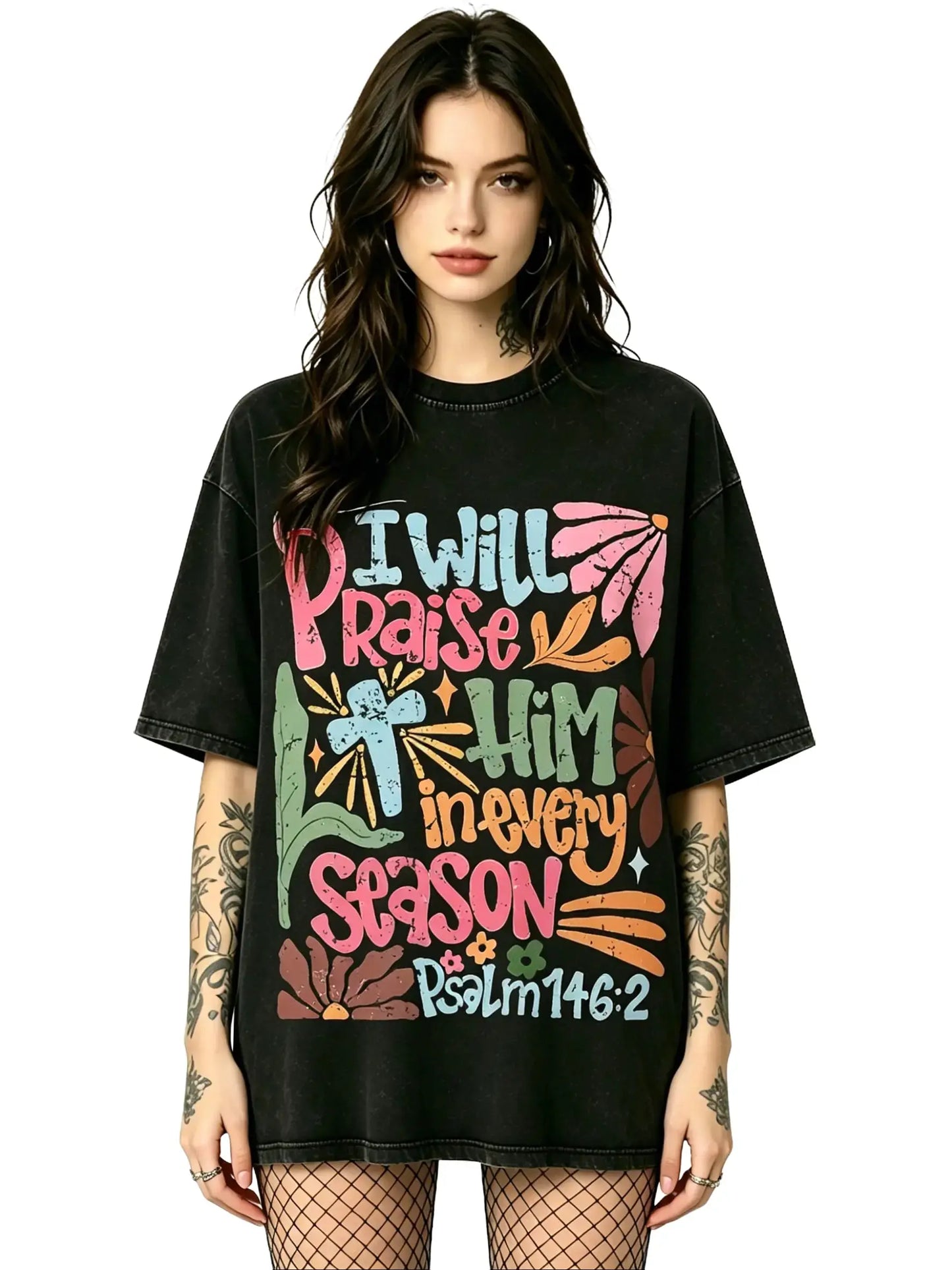 Men's Top Short-Sleeve Washed Oversized Christian T-Shirt - Psalm 146:2 "I Will Praise Him In Every Season" Floral Graphic Tee comfy stylish