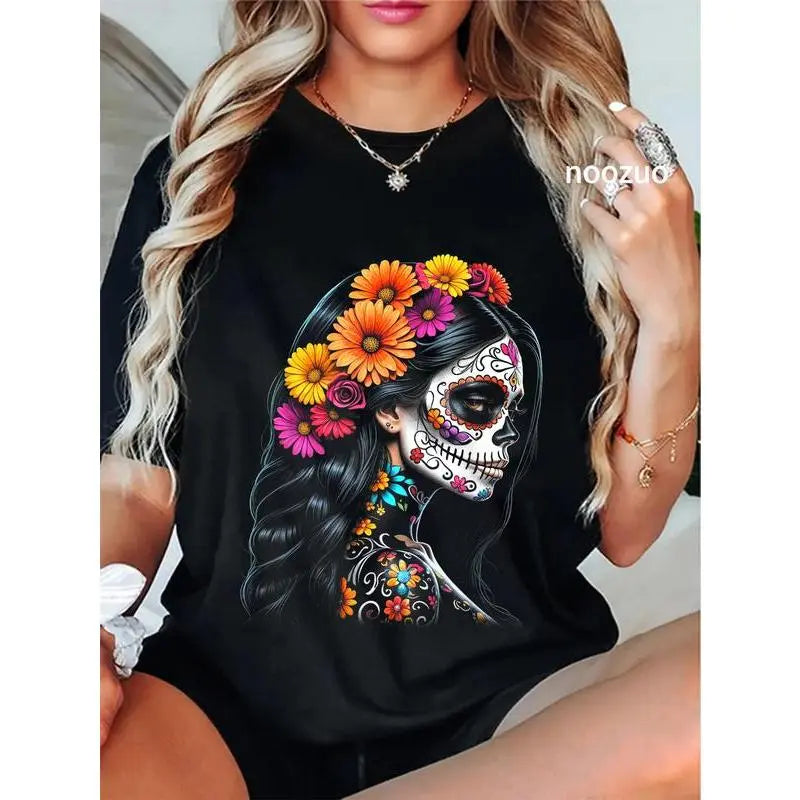 Women's 100%25 Cotton Short-Sleeve Distressed La Catrina Day of the Dead Sugar Skull Graphic T-Shirt, Crew Neck Casual Streetwear Black Tops, Unisex-Friendly Blouse