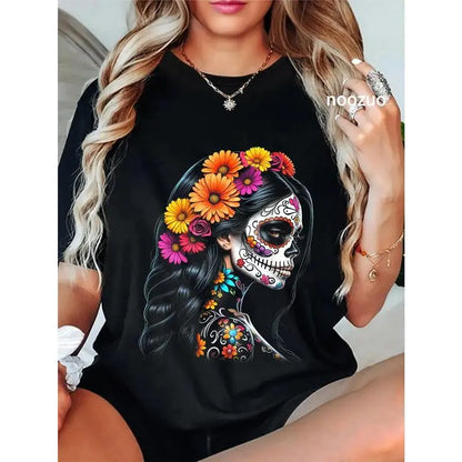 Women's 100%25 Cotton Short-Sleeve Distressed La Catrina Day of the Dead Sugar Skull Graphic T-Shirt, Crew Neck Casual Streetwear Black Tops, Unisex-Friendly Blouse