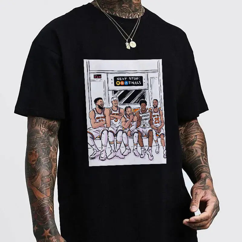 100%25 Cotton Knicks Team Subway Cartoon Tee Basketball Game Day Fun Fan Shirt Knicks "Next Stop Finals" Cartoon Tee Basketball Fan Collectible Top