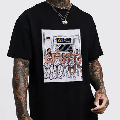100%25 Cotton Knicks Team Subway Cartoon Tee Basketball Game Day Fun Fan Shirt Knicks "Next Stop Finals" Cartoon Tee Basketball Fan Collectible Top