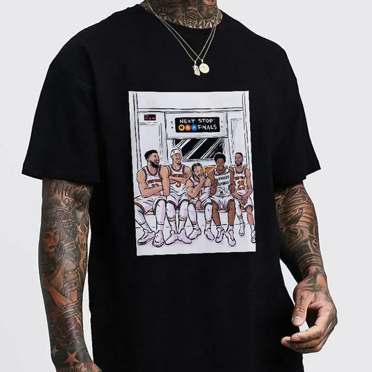 100%25 Cotton Knicks Team Subway Cartoon Tee Basketball Game Day Fun Fan Shirt Knicks "Next Stop Finals" Cartoon Tee Basketball Fan Collectible Top