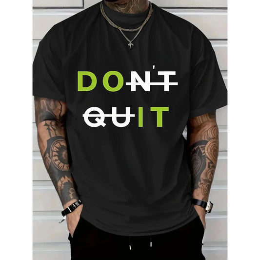2026Men's Casual Cotton T-Shirt with Bold DON'T QUIT Motivational Graphic - White Tee, Green & Black Text, Regular Fit Short Sleeve, Machine Washable for Casual Attire & Summer Outdoor Apparel, Cotton T Shirts, Soft Fabric Shirt