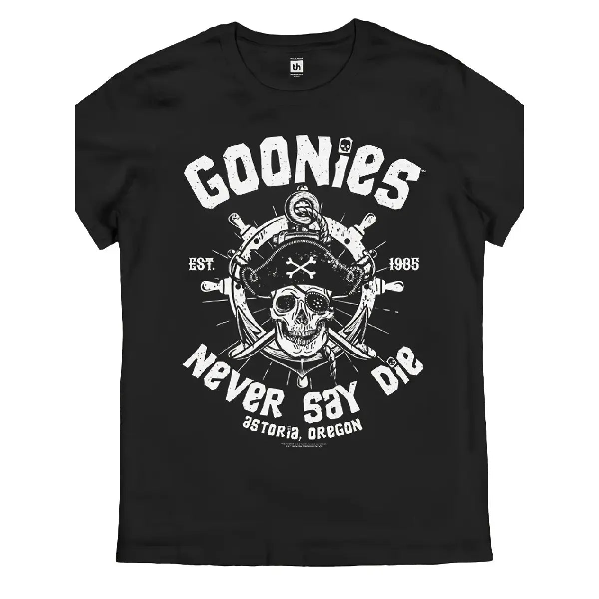 Men's Goonies Never Say Die Retro T-Shirt Officially Inspired 80s Movie Logo Iconic Skull Crossbones Pirate Design