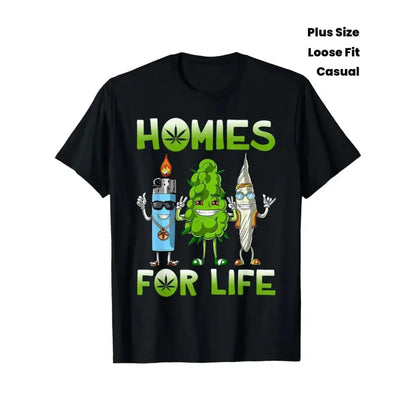 420 Culture Funny Homies T-Shirt - Cartoon Joint & Leaf Design, Loose Fit Short Sleeve Streetwear Top, Round Neck Casual Tee for Parties, Outdoor Activities, All-Season Comfort, Plus Size