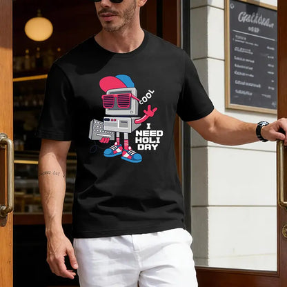 Retro PC Robot Cool Sunglasses Men's Short-Sleeve Round Neck Sporty Sports Top, Streetwear for IT Developers - Funny "I Need Holiday" Casual Outdoor T-Shirt, Sporty Sports Tops