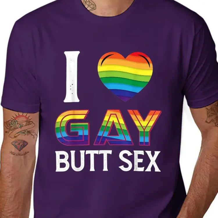 Men's "I Love Gay Butt Sex" Graphic T-Shirt, Casual 100%25 Cotton Short Sleeve Streetwear Top with Rainbow Heart, Made in USA