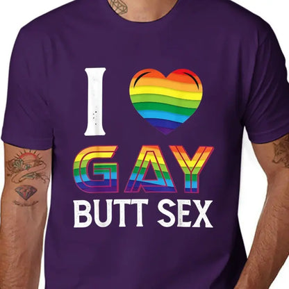 Men's "I Love Gay Butt Sex" Graphic T-Shirt, Casual 100%25 Cotton Short Sleeve Streetwear Top with Rainbow Heart, Made in USA
